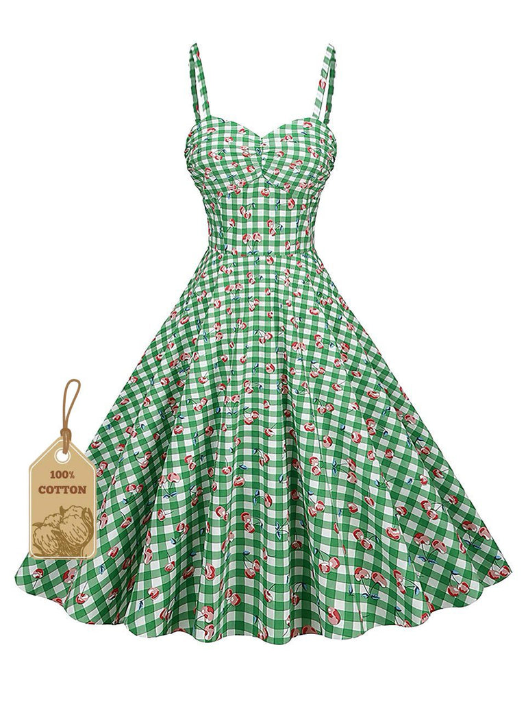 Robe Vichy Cerise Coton Bretelles Fines Verte Années 1950 2
