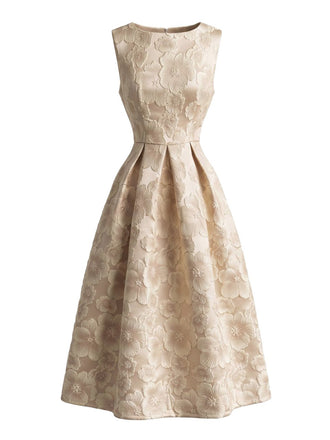 Robe Tunique Sans Manches à Col Rond avec Fleurs 3D Beige Années 1950