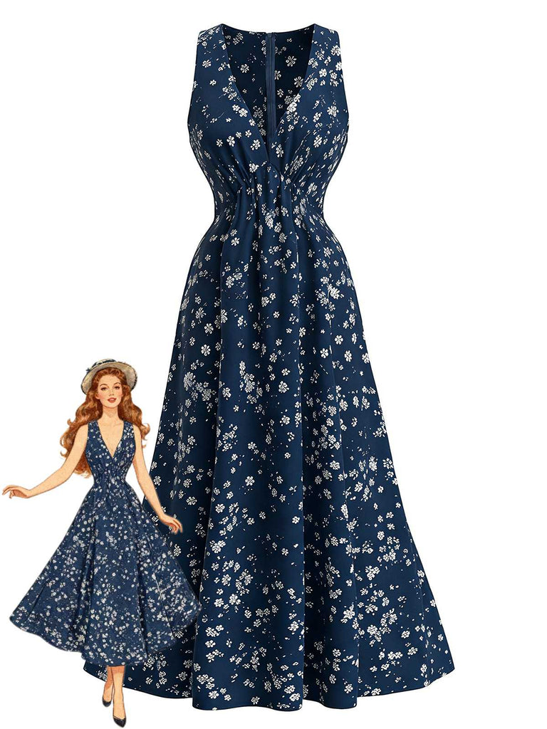 Robe midi bohème bleu marine motif floral et encolure américaine années 1970