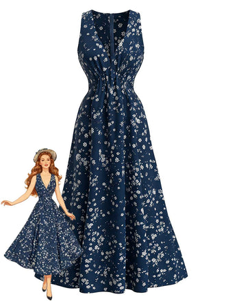Robe midi bohème bleu marine motif floral et encolure américaine années 1970