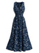 Robe midi bohème bleu marine motif floral et encolure américaine années 1970