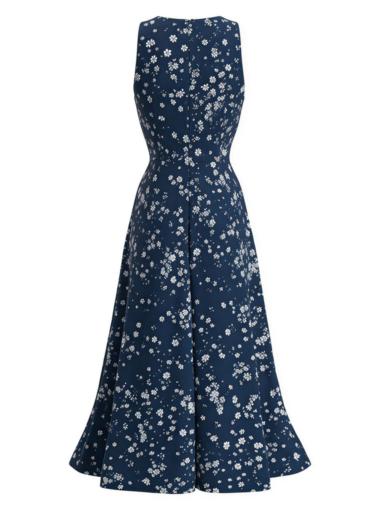 Robe midi bohème bleu marine motif floral et encolure américaine années 1970