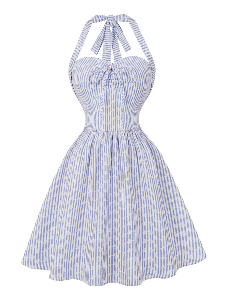 Robe Mini Évasée Dos-Nu Rayée Nouage Col Années 50