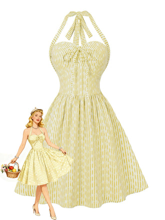 Robe Mini Évasée Dos-Nu Rayée Nouage Col Années 50