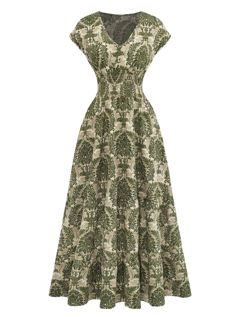 Robe Maxi Taille Empire Col V Floral Ornemental Boho Années 70