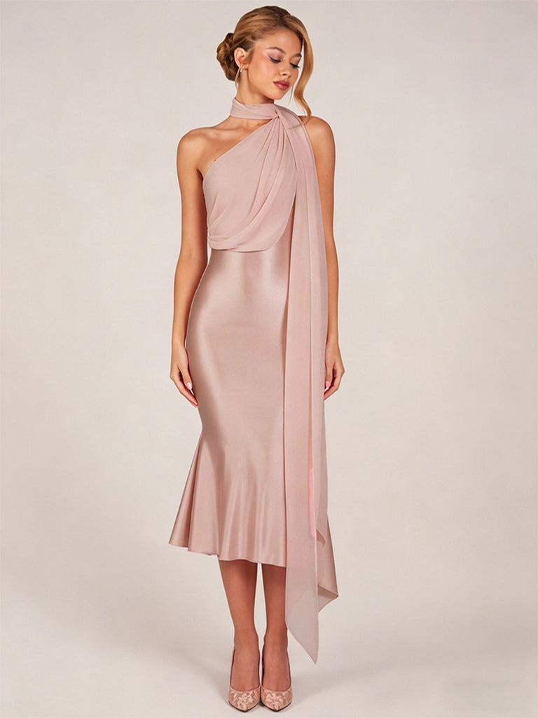 Robe sirène satin orange et rose épaule et écharpe années 1930
