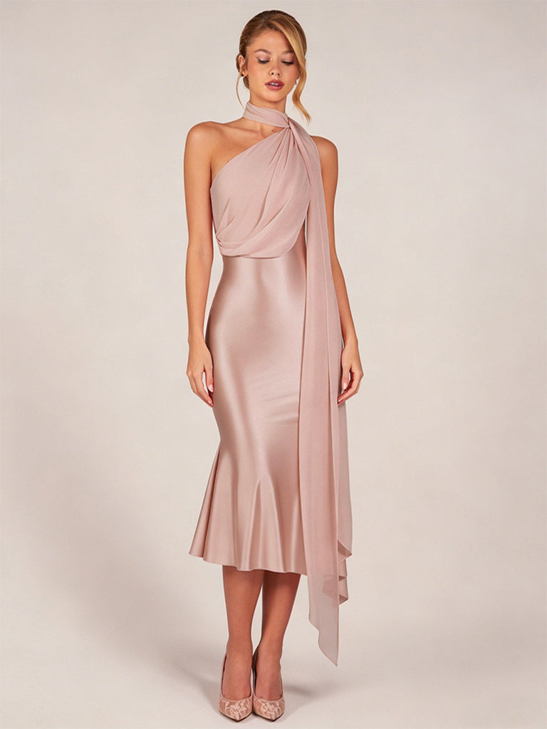 Robe sirène satin orange et rose épaule et écharpe années 1930