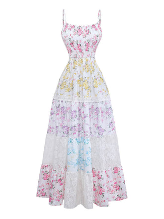 Robe Multicolore Smocké Floral Dentelle à Étages Maxi Années 1970