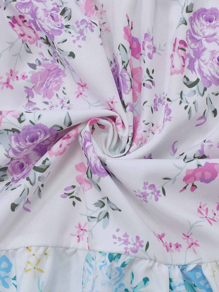 Robe Multicolore Smocké Floral Dentelle à Étages Maxi Années 1970 5