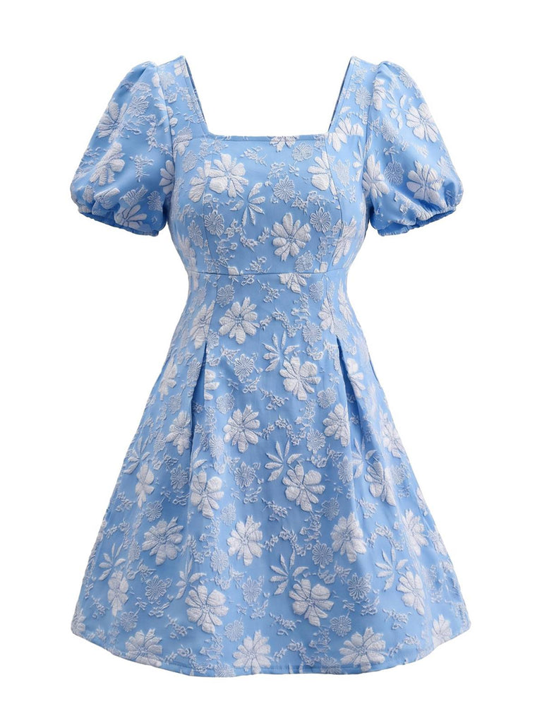 Robe encolure carrée jacquard fleuri et manches bouffantes années 1960