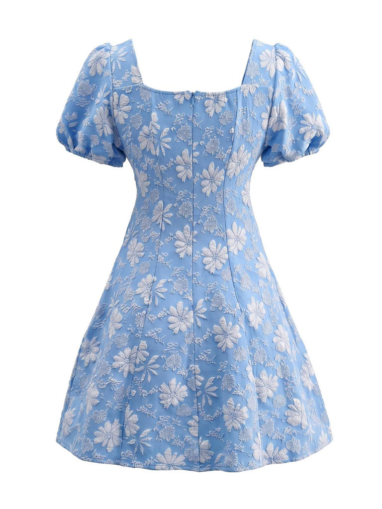 Robe encolure carrée jacquard fleuri et manches bouffantes années 1960
