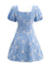 Robe encolure carrée jacquard fleuri et manches bouffantes années 1960