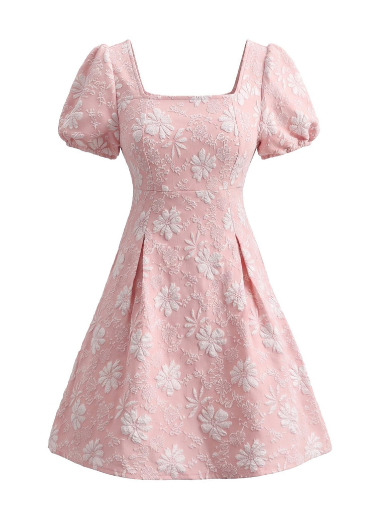 Robe encolure carrée jacquard fleuri et manches bouffantes années 1960