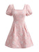 Robe encolure carrée jacquard fleuri et manches bouffantes années 1960