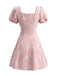 Robe encolure carrée jacquard fleuri et manches bouffantes années 1960