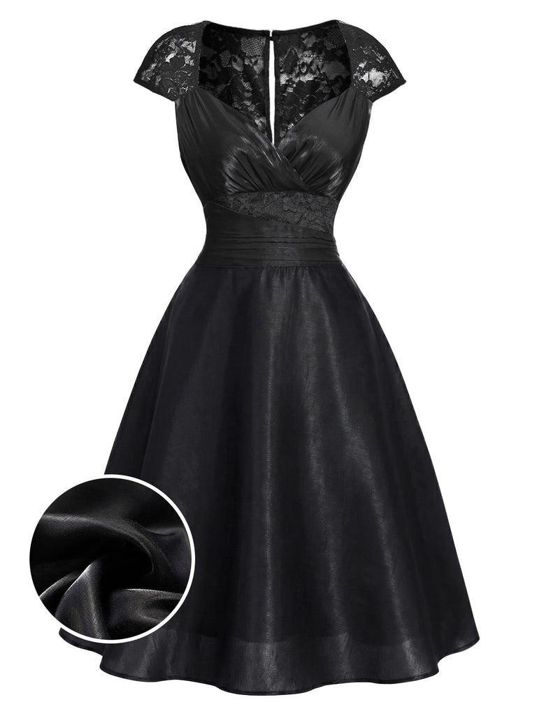 [Prévente] Robe Manches Courtes Dentelle Satin Cocktail Noir Années 1950 2