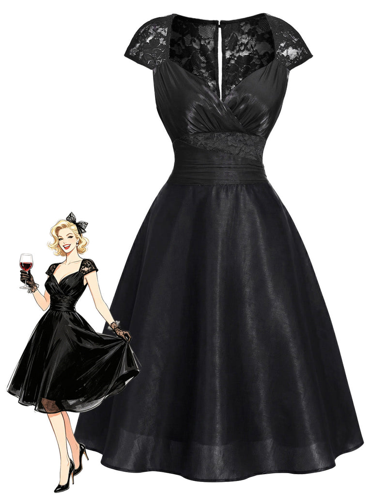 [Prévente] Robe Manches Courtes Dentelle Satin Cocktail Noir Années 1950