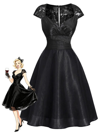 [Prévente] Robe Manches Courtes Dentelle Satin Cocktail Noir Années 1950