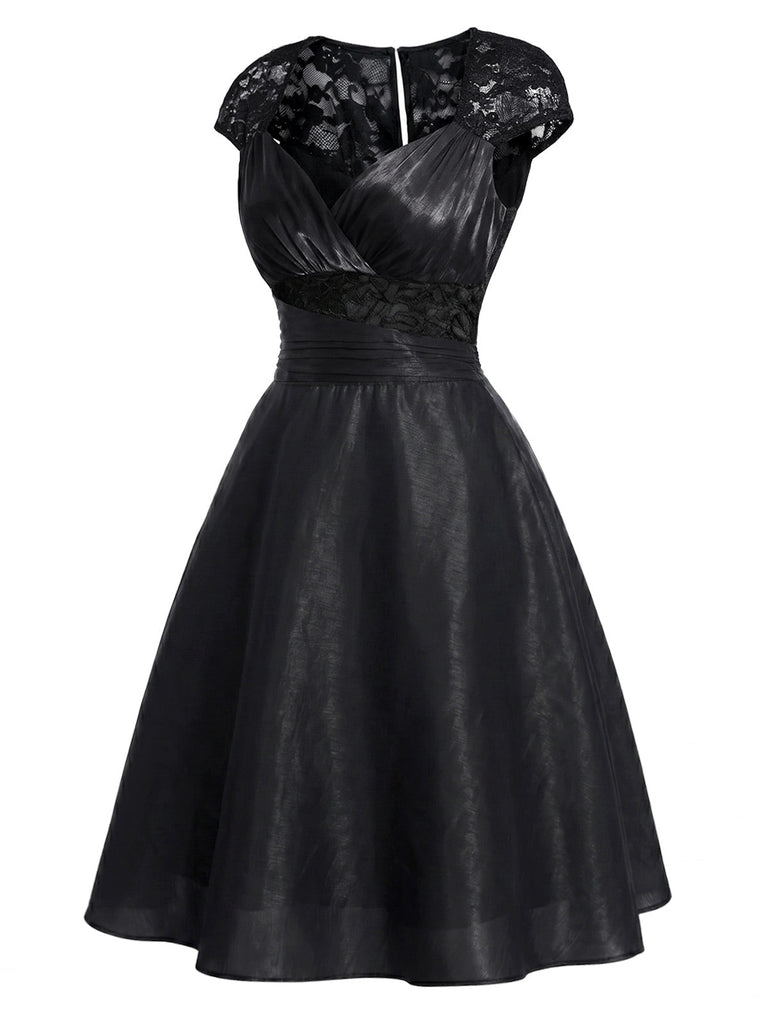 [Prévente] Robe Manches Courtes Dentelle Satin Cocktail Noir Années 1950 4