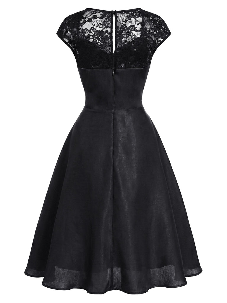 [Prévente] Robe Manches Courtes Dentelle Satin Cocktail Noir Années 1950 5
