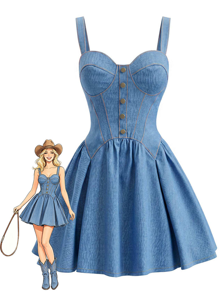 [Prévente] Robe Mini Bustier Corset à Bretelles Faux Jean Bleue Années 80