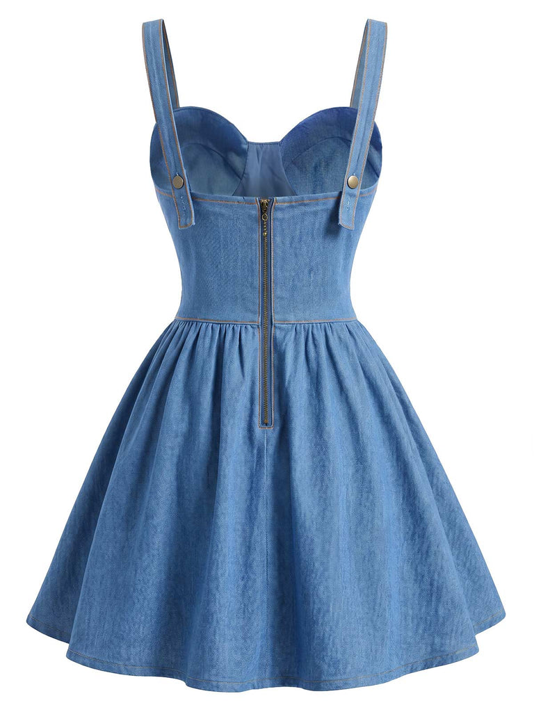 [Prévente] Robe Mini Bustier Corset à Bretelles Faux Jean Bleue Années 80