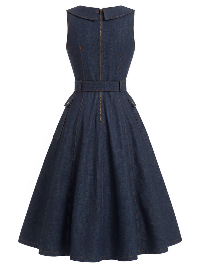 [Prévente] Robe Marine Bleu Revers Col V Sans Manches Denim Années 1950