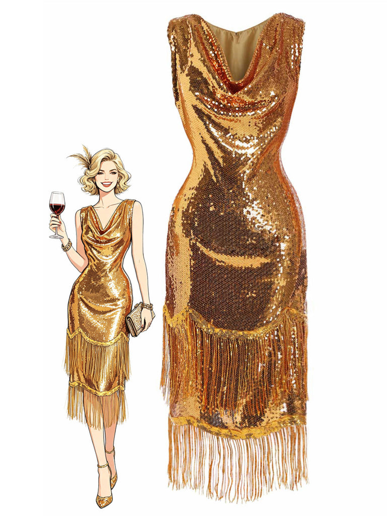 [Prévente] Robe dorée à sequins, col bénitier et franges Années 1920