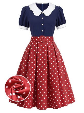 [Prévente] Robe à Pois à Col Pétale Bleu Marine Années 1950