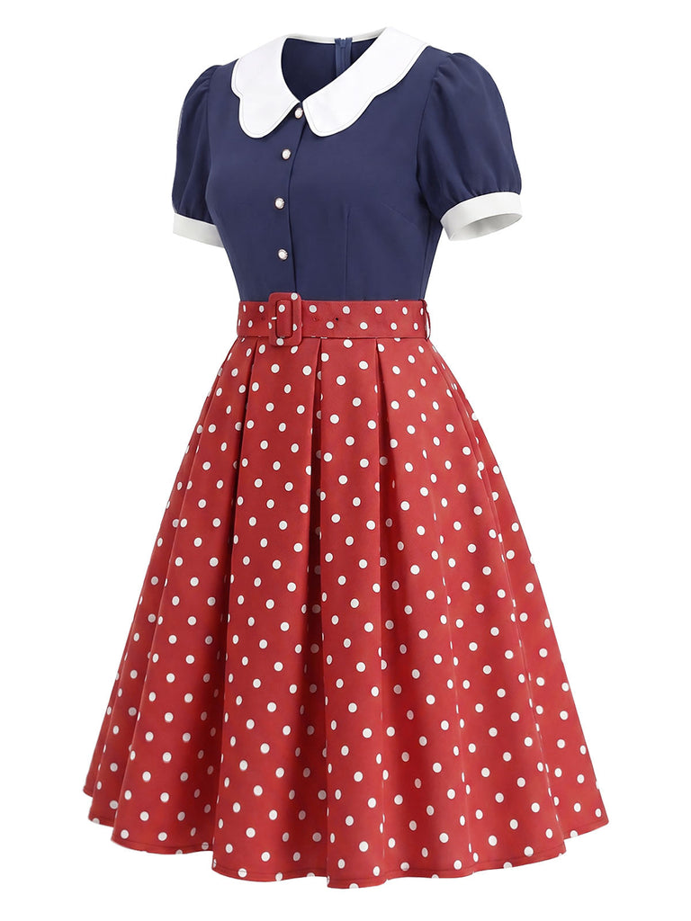 [Prévente] Robe à Pois à Col Pétale Bleu Marine Années 1950