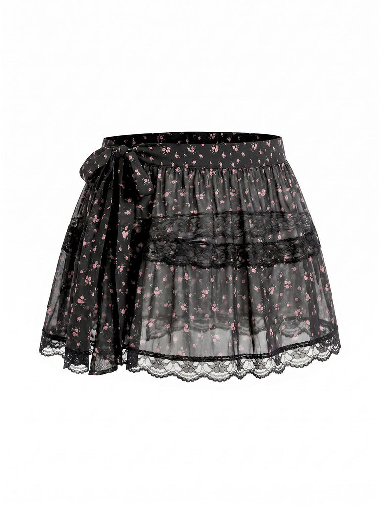 [Prévente] Floral à Volants Étagés Transparent Tulle Dentelle Noir Années 1950 3