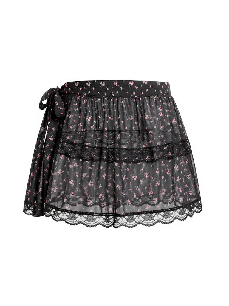 [Prévente] Floral à Volants Étagés Transparent Tulle Dentelle Noir Années 1950 4