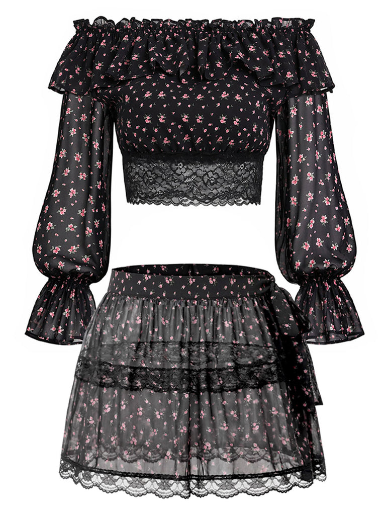 [Prévente] 3PCS Floral Dentelle Longue Petites Fleurs Mini Noir Années 1950 7