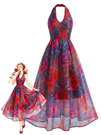 [Prévente] Robe Multicolore Floral Dos Nu Col V Tulle Années 1930