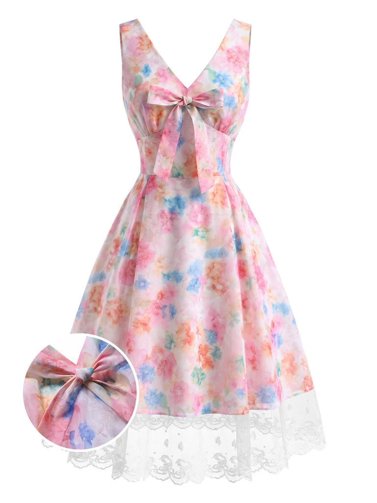 [Prévente] Robe Florale Aquarelle Dentelle Nœud Multicolore Années 1950 2