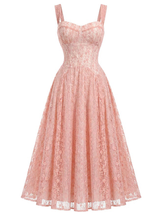 [Prévente] Robe Bretelles Spaghetti Col Cœur Dentelle Col Corset Rose Années 1940 2