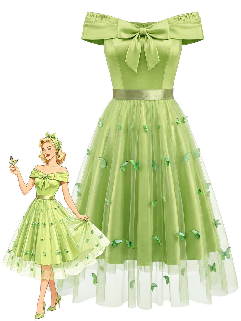 [Prévente] Robe Épaules Dénudées Nœud avec Amovible Papillon Tulle Superposition Années 1950