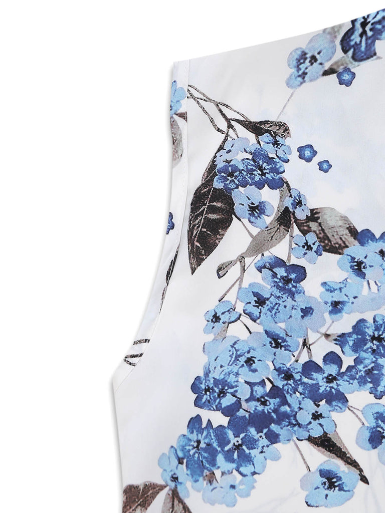Robe Blanc Floral Col V Sans Manches Ceinturé Asymétrique Années 1950 4