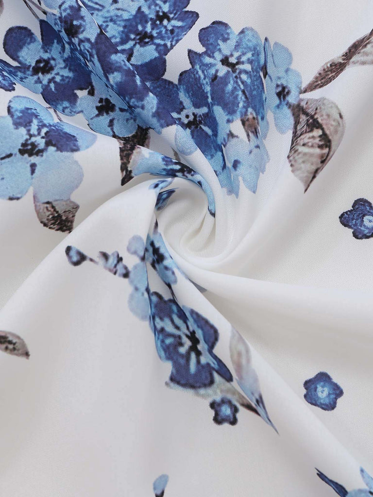 Robe Blanc Floral Col V Sans Manches Ceinturé Asymétrique Années 1950 6