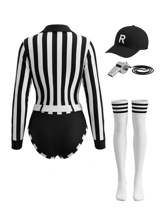 Set Costume Body Arbitre à Rayures Noir et Blanc Années 1980