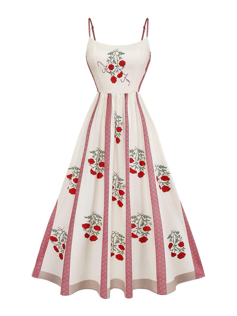 Robe Évasée Rose Bretelles Fines Beige Années 1950