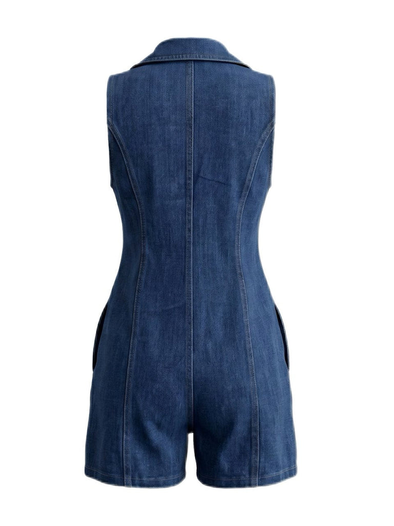Combishort Bleu Marine Boutonné Denim Années 1970 2