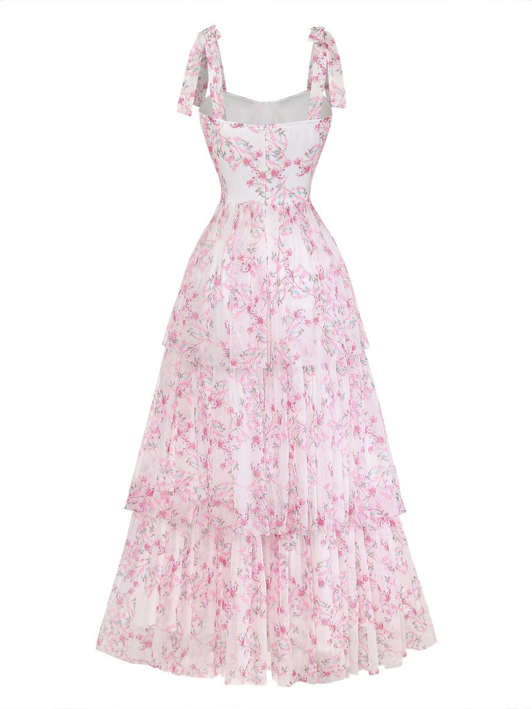 Robe longue rose fleurs dos nu étages et bretelles nouables années 1970