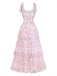 Robe longue rose fleurs dos nu étages et bretelles nouables années 1970