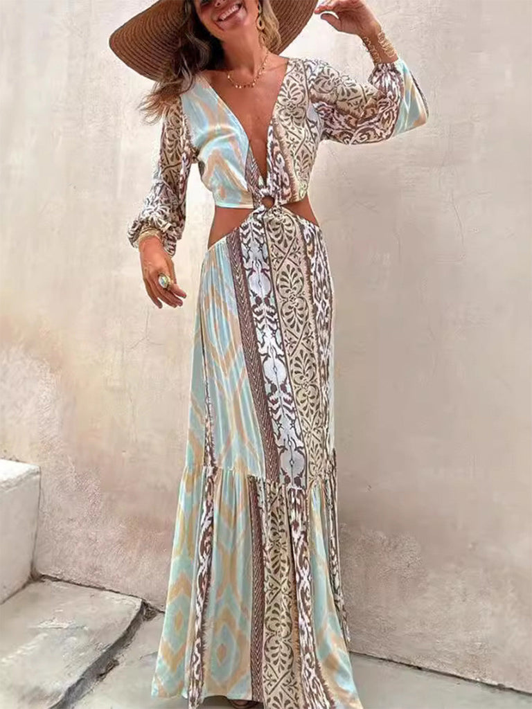 Robe Col V Bohème Géométrique Imprimé Découpé Maxi Années 1970 3