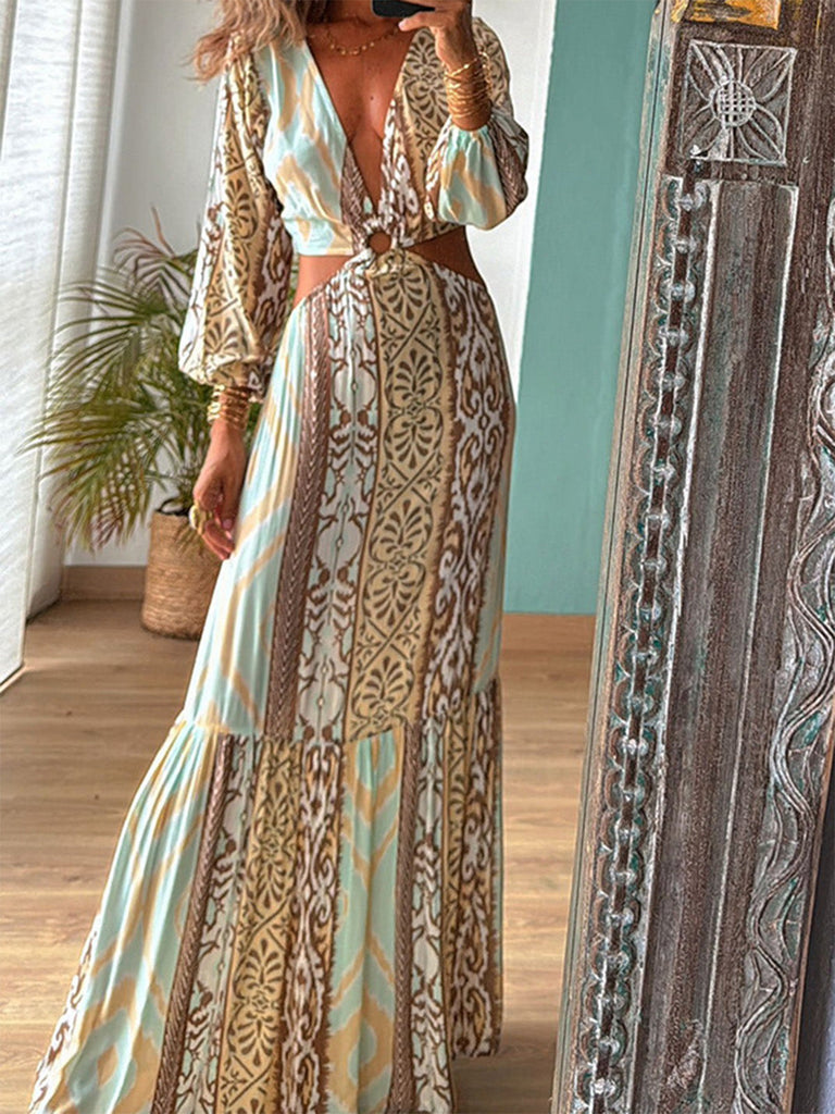 Robe Col V Bohème Géométrique Imprimé Découpé Maxi Années 1970 4