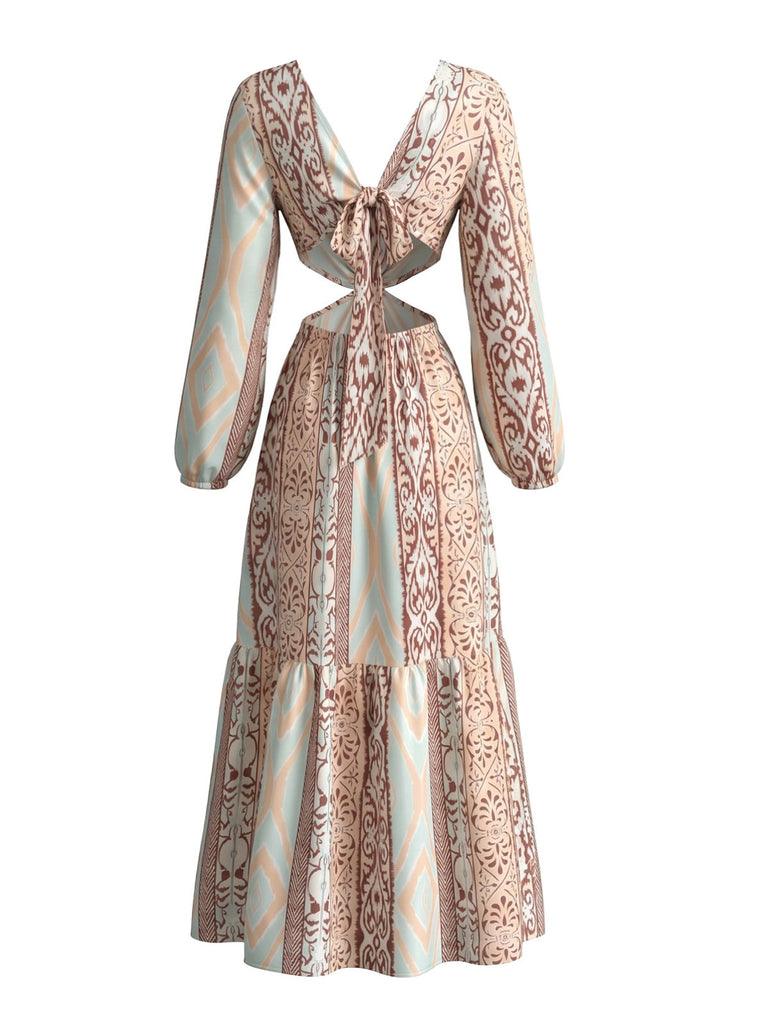 Robe Col V Bohème Géométrique Imprimé Découpé Maxi Années 1970 2