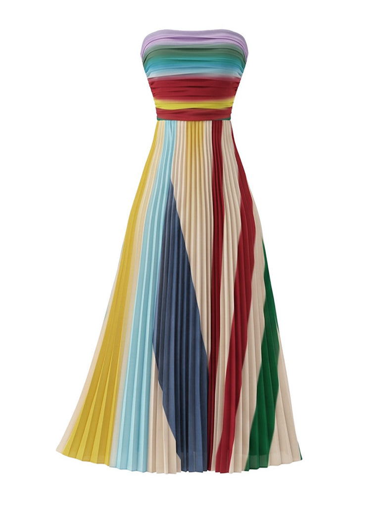 Robe longue bustier plissée arc-en-ciel années 1970