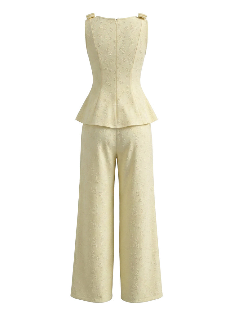 Ensemble Jaune Clair Volant Nœud Sans Manches Années 1950 3
