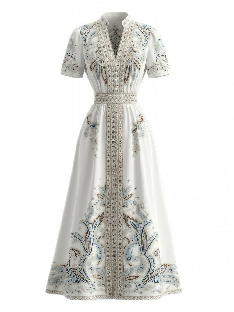 Robe Blanc Tropical Floral Vintage Taille Haute Années 1950 2